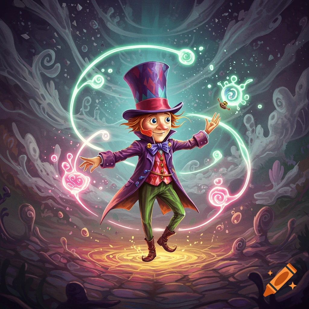 A whimsical cartoon character resembling the Mad Hatter in a purple coat and top hat stands amidst glowing green and pink energy swirls in a magical landscape.