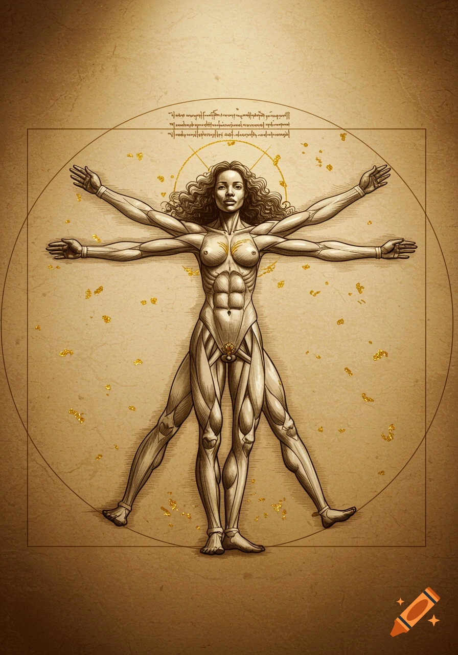 A stylized drawing of a female Vitruvian figure with exposed muscles, similar to Leonardo da Vinci's work, on a parchment-like background.
