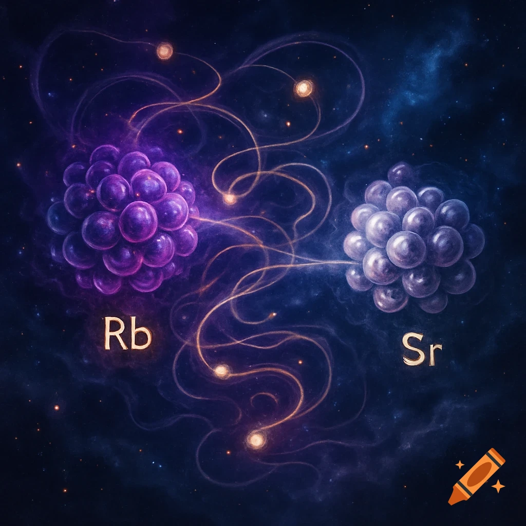 Abstract depiction of atomic decay with purple Rb and gray Sr clusters connected by glowing energy tendrils in a dark, starry cosmic background.