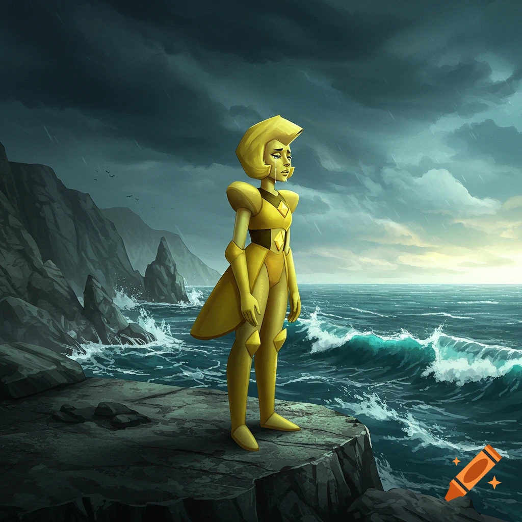 Cartoon Yellow Diamond crying on a rocky cliff overlooking a stormy, churning sea under dark clouds.
