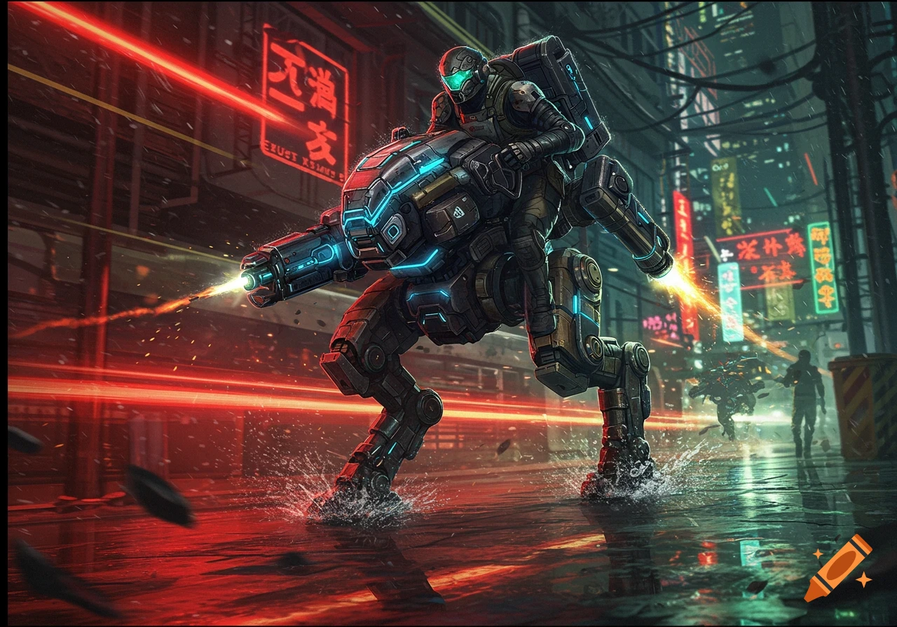 A futuristic mech with a pilot on its back, firing a weapon in a neon-lit cyberpunk city street, splashing through water.