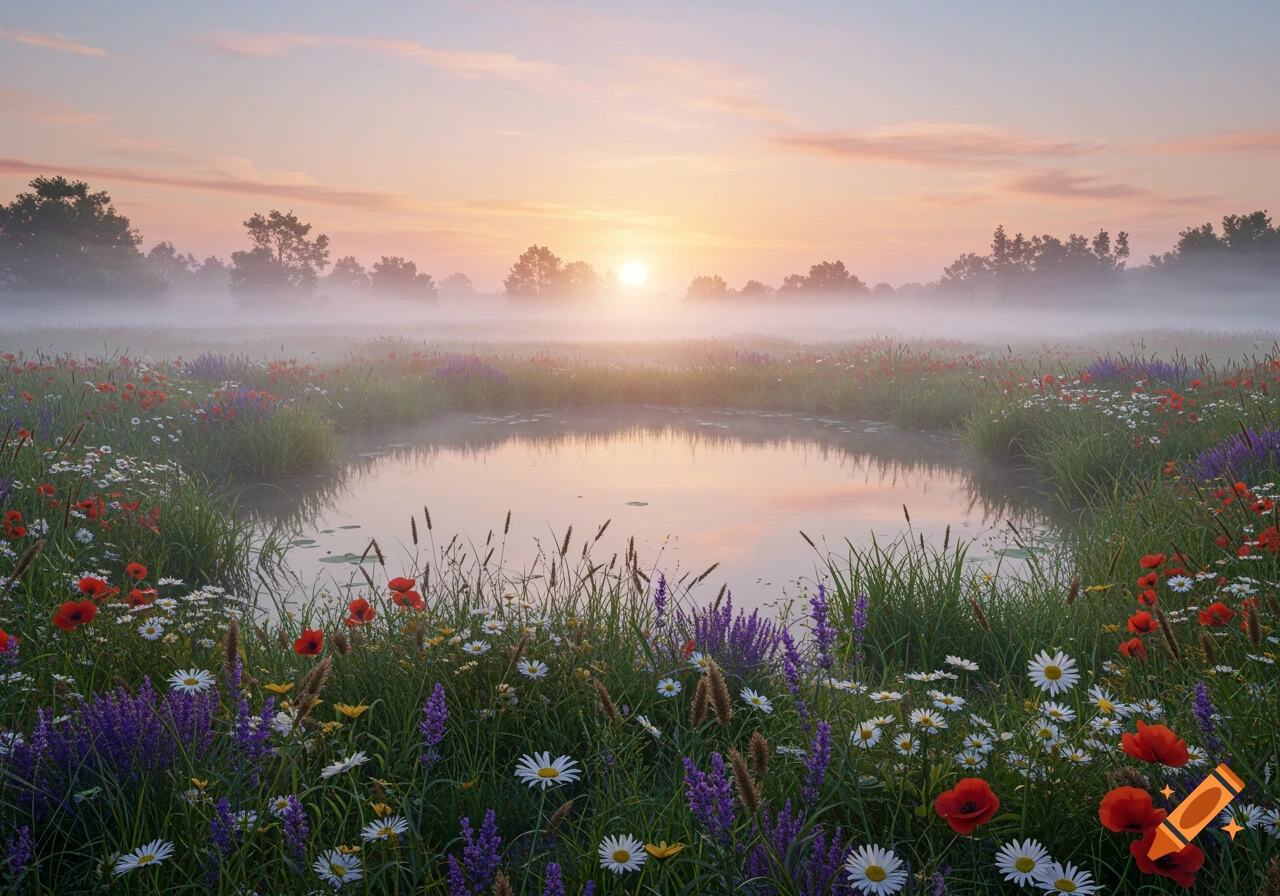 A tranquil wildflower meadow and lake at sunrise, with soft pink and orange light, in the style of Claude Monet.