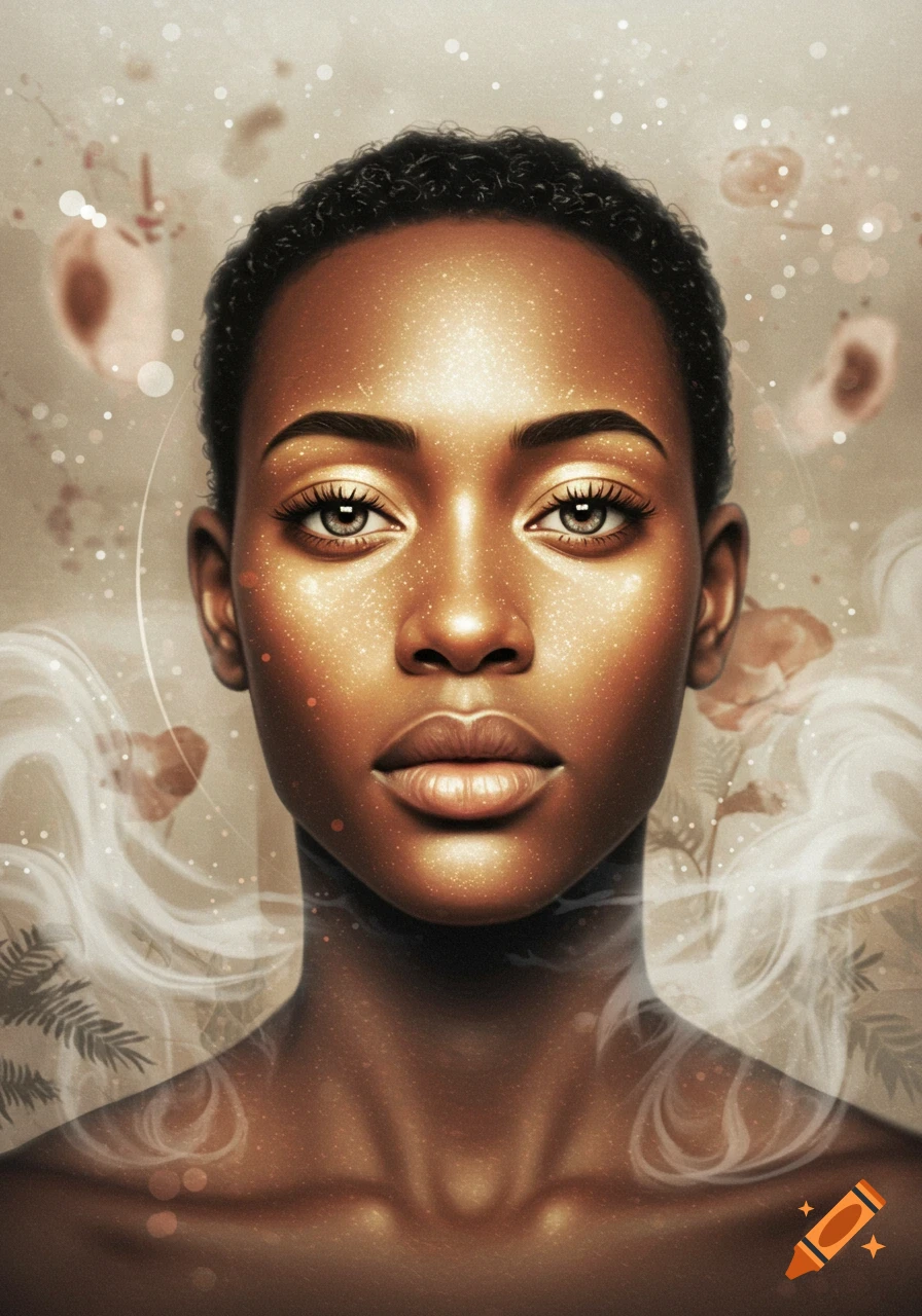 Close-up digital art portrait of a woman with shimmering dark skin, light eyes, and short curly hair against an ethereal background.