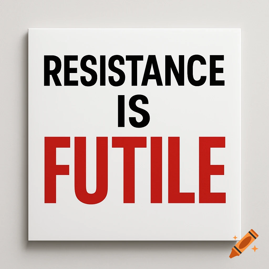 A white sign with 'RESISTANCE IS' in black letters and 'FUTILE' in red letters.