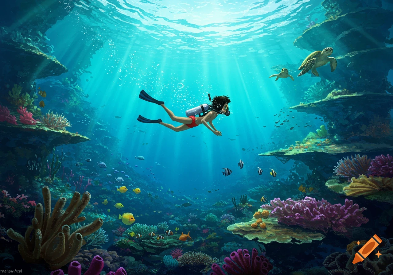 An illustration of Mowgli scuba diving in a vibrant coral reef, with fish and sea turtles, and sun rays from above.