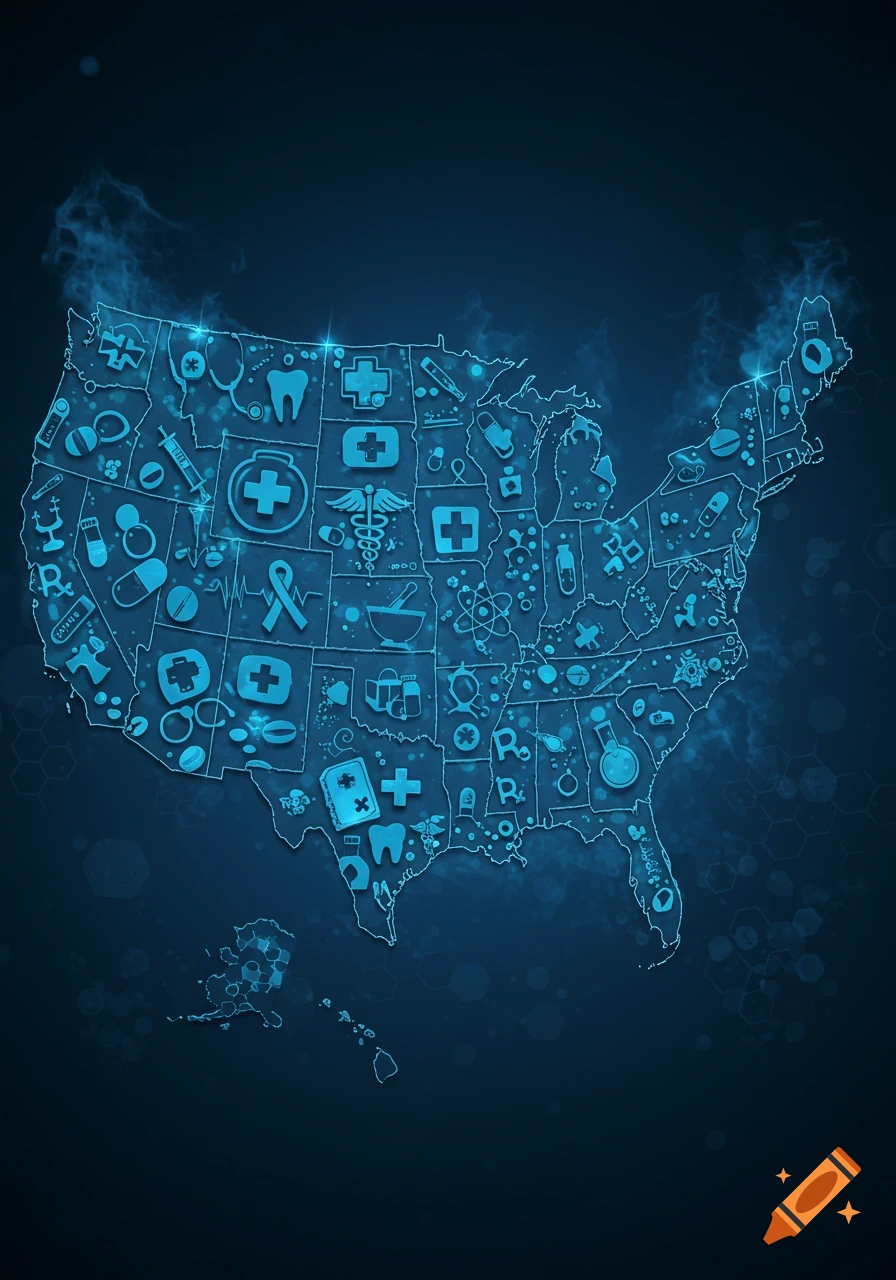 Digital map of the USA glowing in blue, filled with various medical and healthcare symbols like stethoscopes, pills, syringes, and crosses.