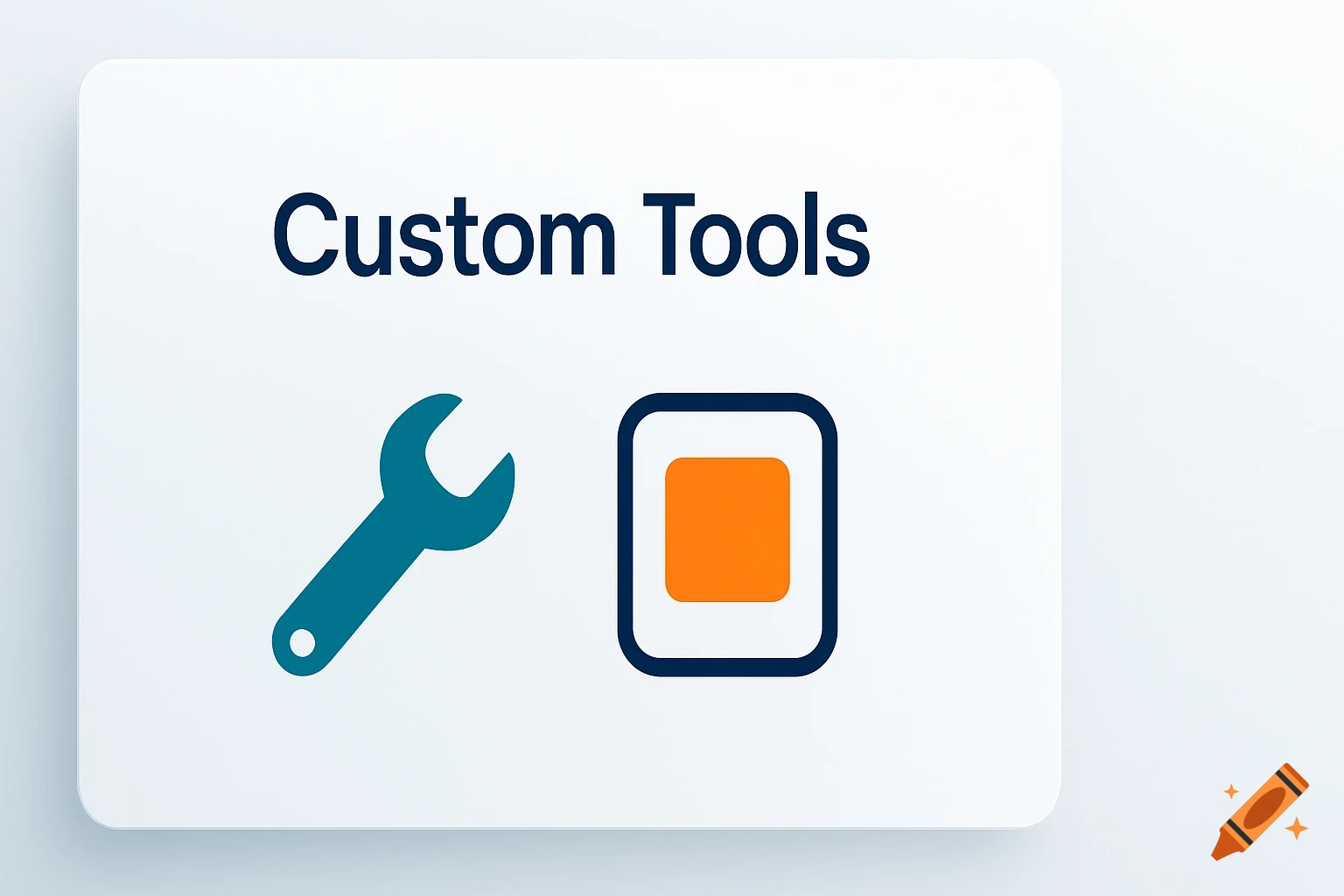 Graphic with 'Custom Tools' text, a teal wrench, and an orange square icon.