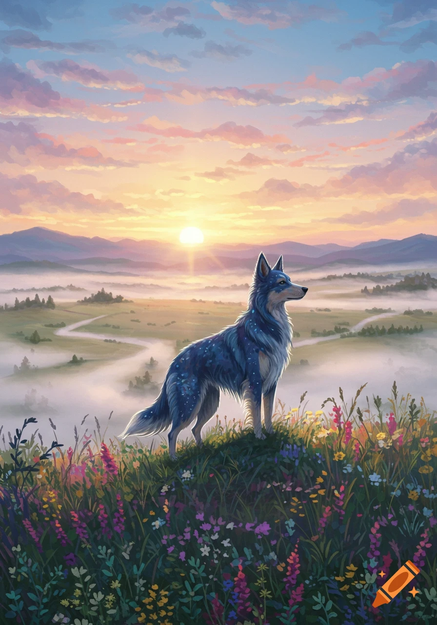 A blue wolf with glowing spots stands on a wildflower hill overlooking a misty valley at sunrise, digital painting.