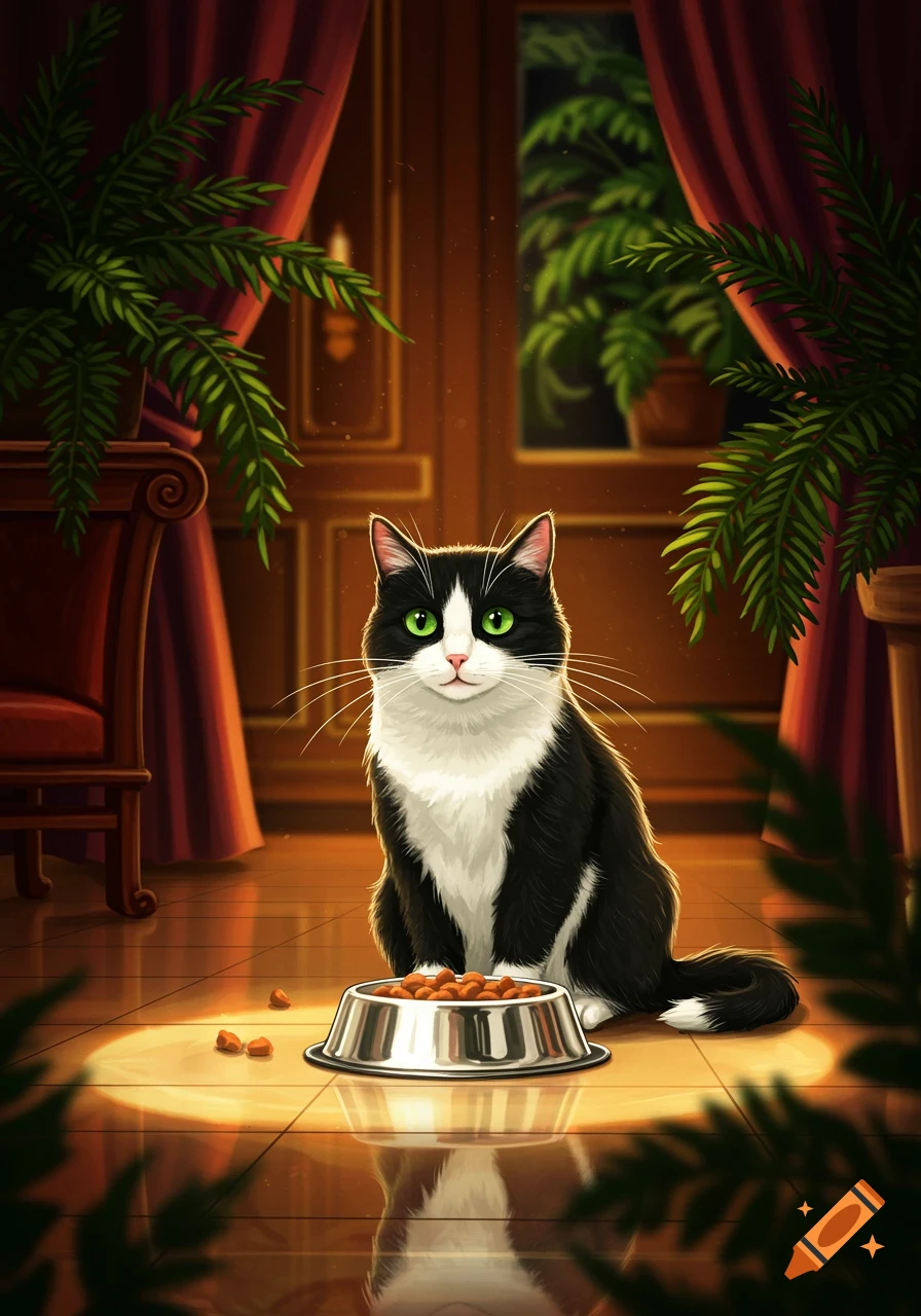 A black and white tuxedo cat with green eyes sits by a food bowl on a reflective floor in an elegant room with red curtains and ferns.