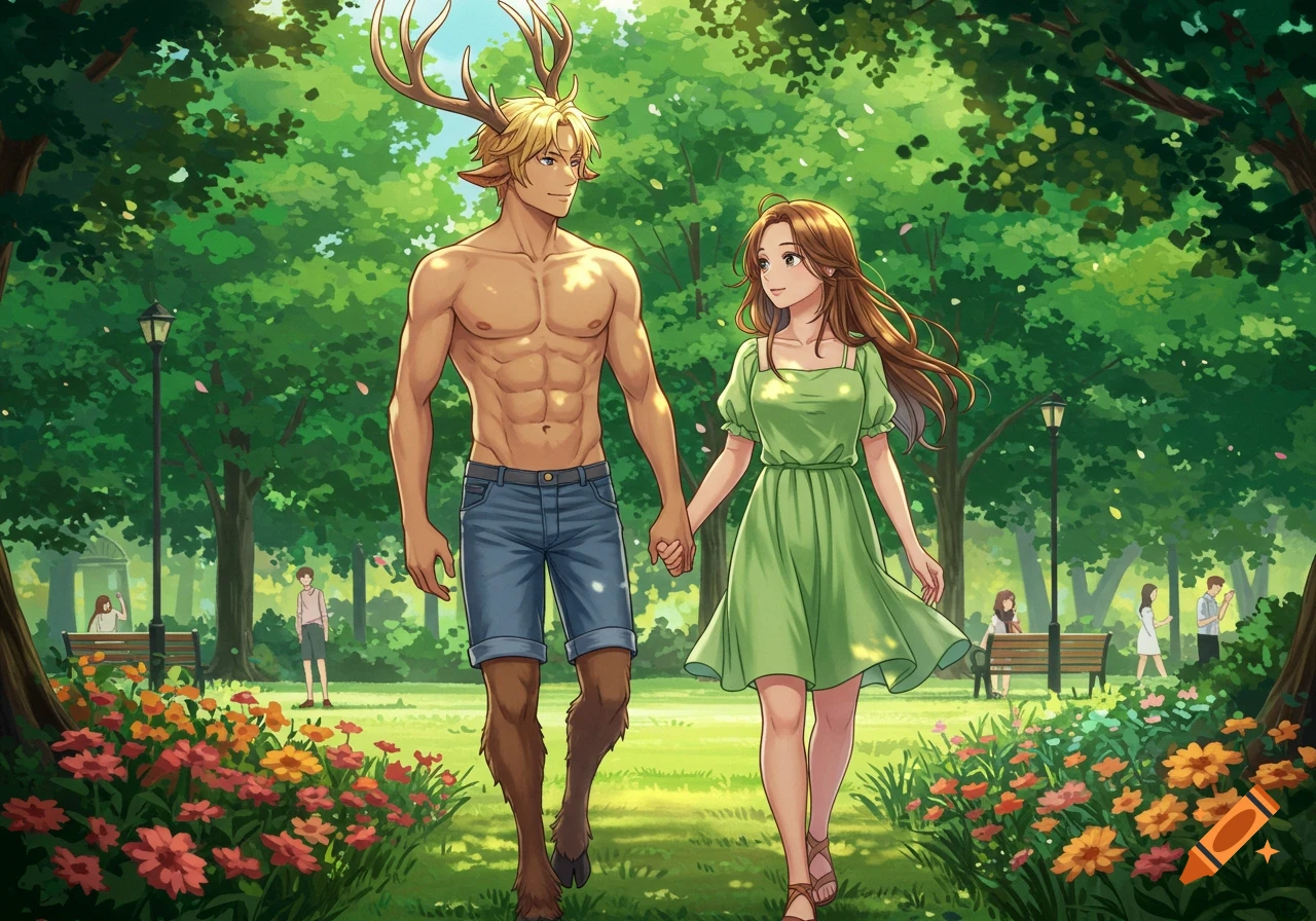 Anime-style illustration of a blond satyr with antlers and a brown-haired woman in a green dress walking hand-in-hand in a lush green park with flowers.