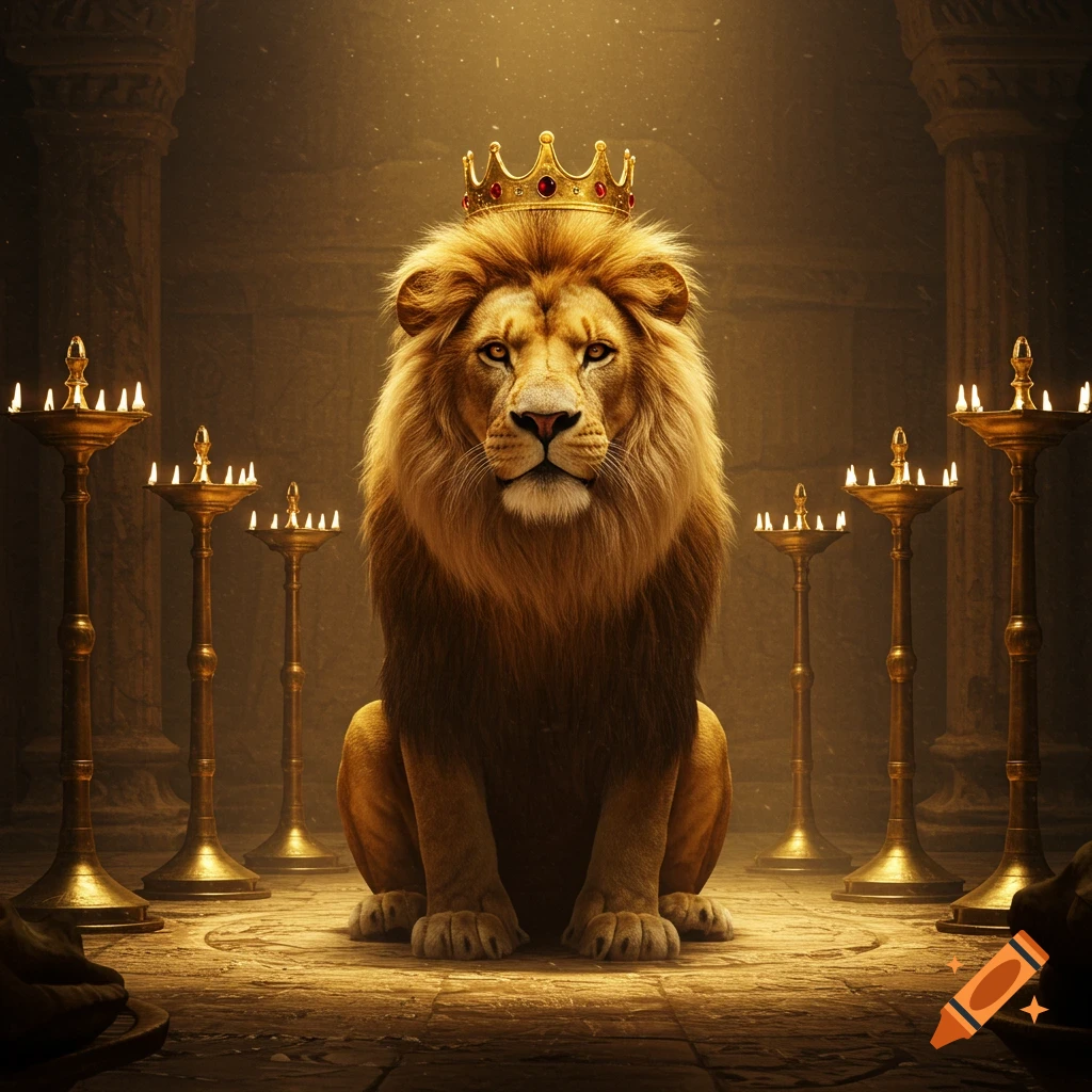 A majestic lion wearing a golden crown sits proudly amidst glowing golden lampstands in an ancient, illuminated hall. Realistic, high-definition style.