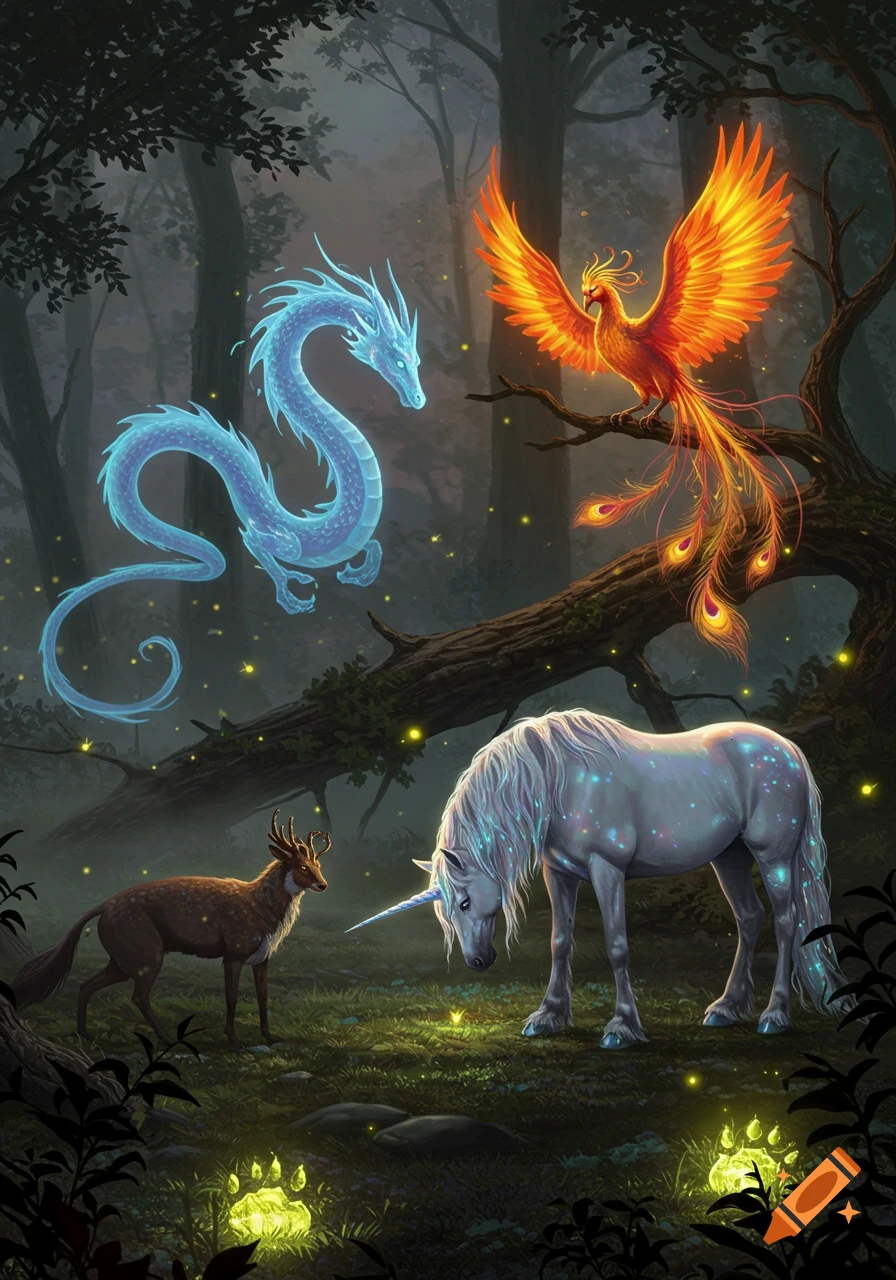 A glowing blue dragon, a fiery phoenix, a white unicorn, and a deer stand in a dark, mystical forest with luminous paw prints.