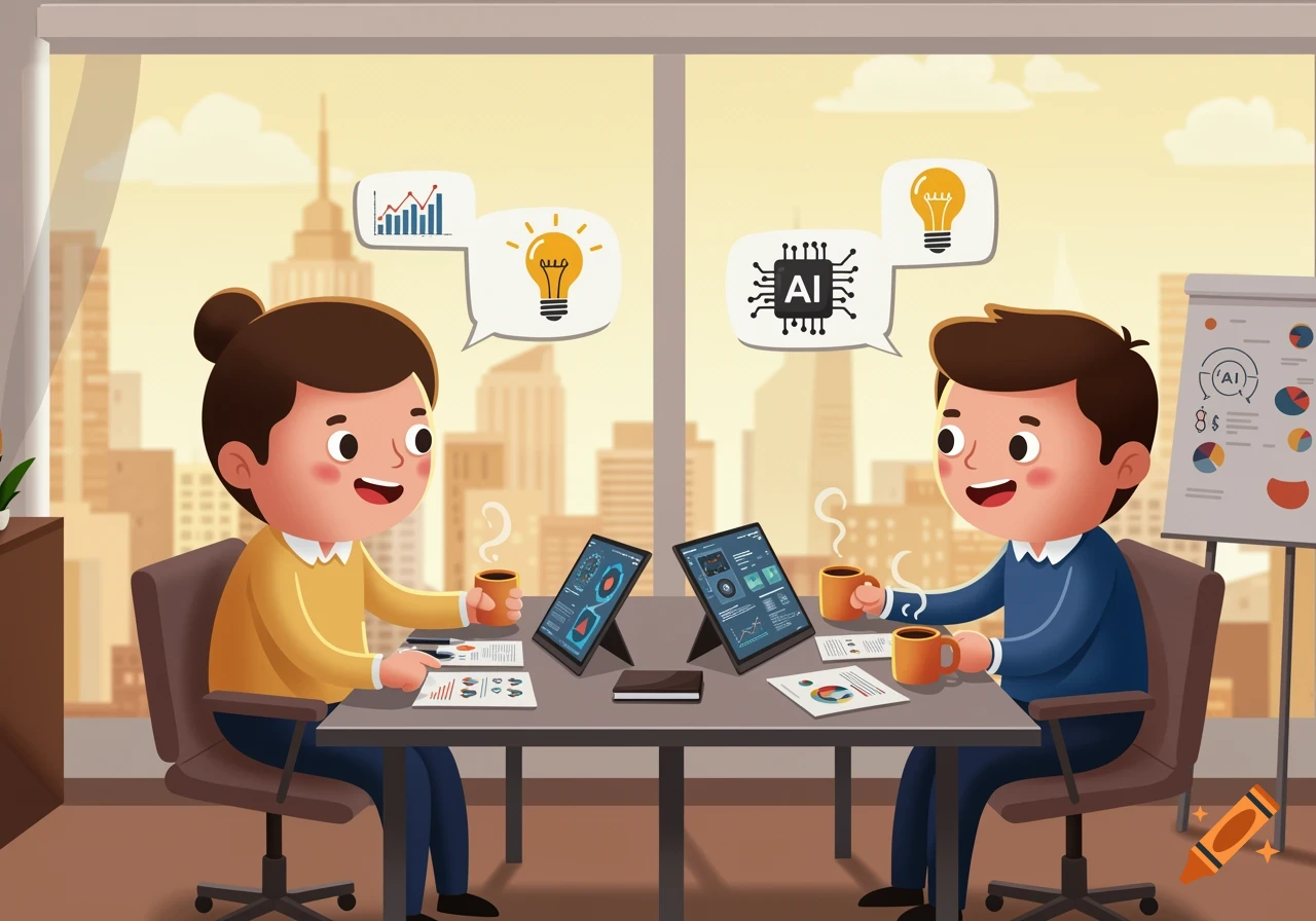 Two happy cartoon figures in an office meeting, discussing business problems and AI solutions with tablets and a whiteboard.
