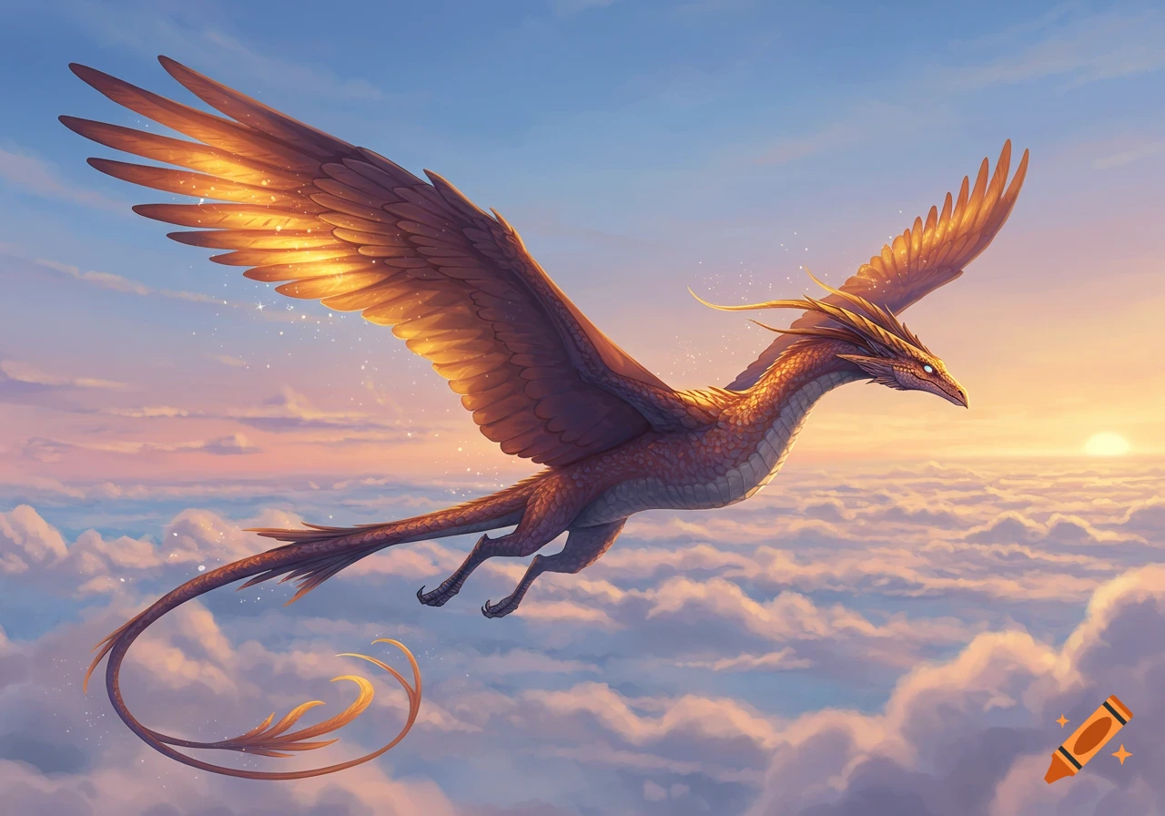 A majestic, winged golden dragon-like creature soars through a sunset sky filled with soft clouds and sparkling light.