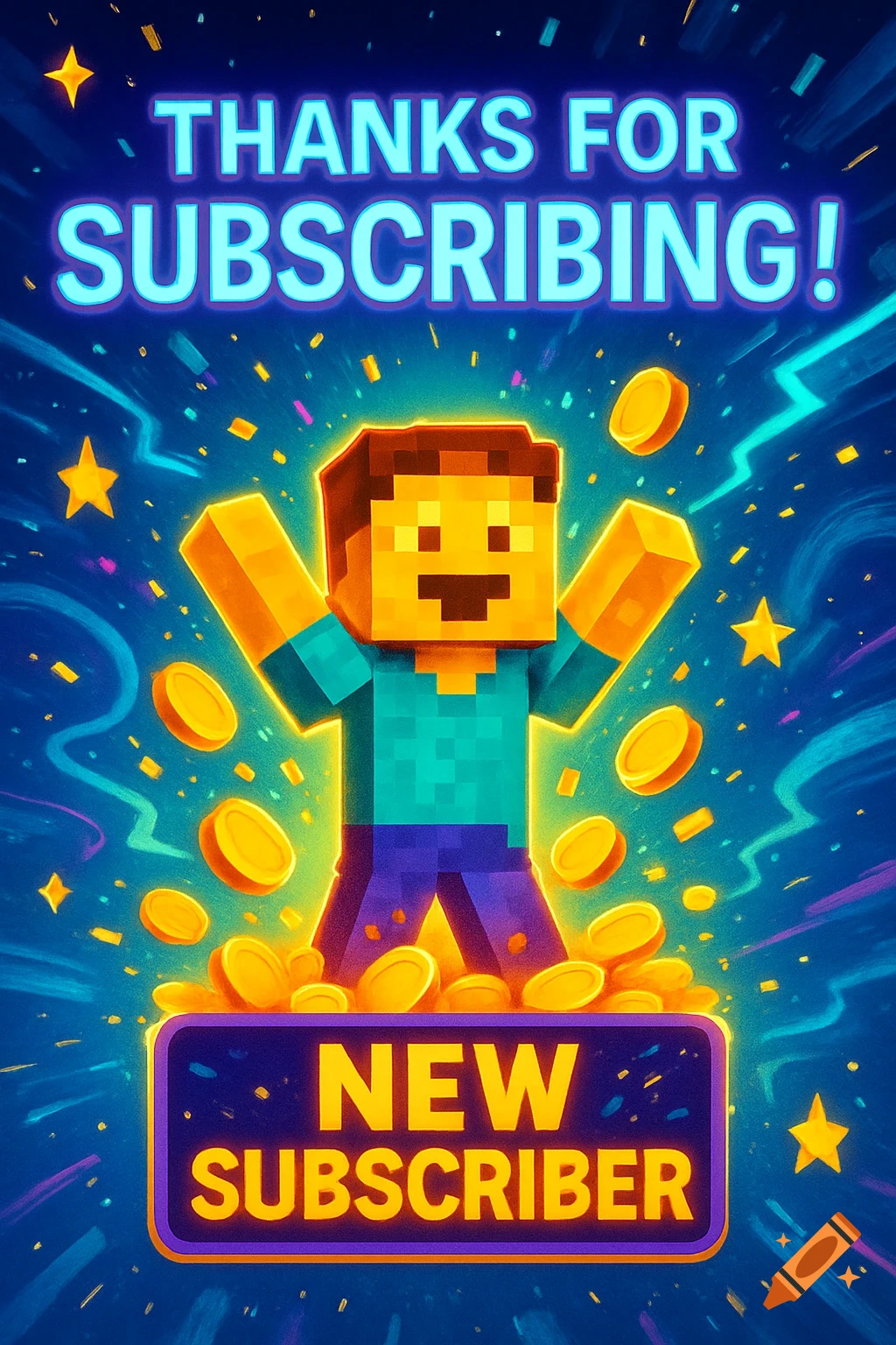 A pixelated character similar to Minecraft's Steve, arms raised, surrounded by gold coins and confetti. Text says 'THANKS FOR SUBSCRIBING!' and 'NEW SUBSCRIBER'.
