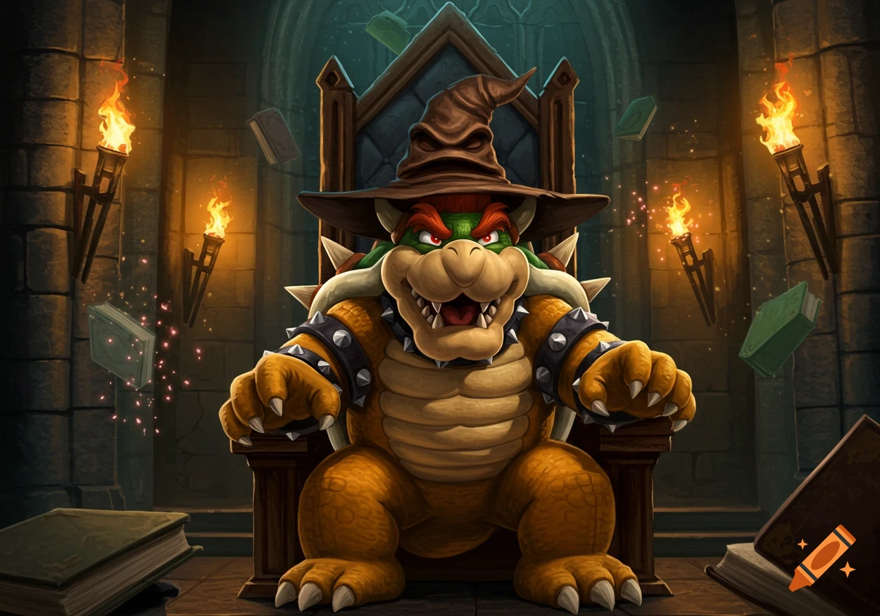 Bowser sits on a throne in a torch-lit castle chamber, wearing a wizard hat, with books floating around him.