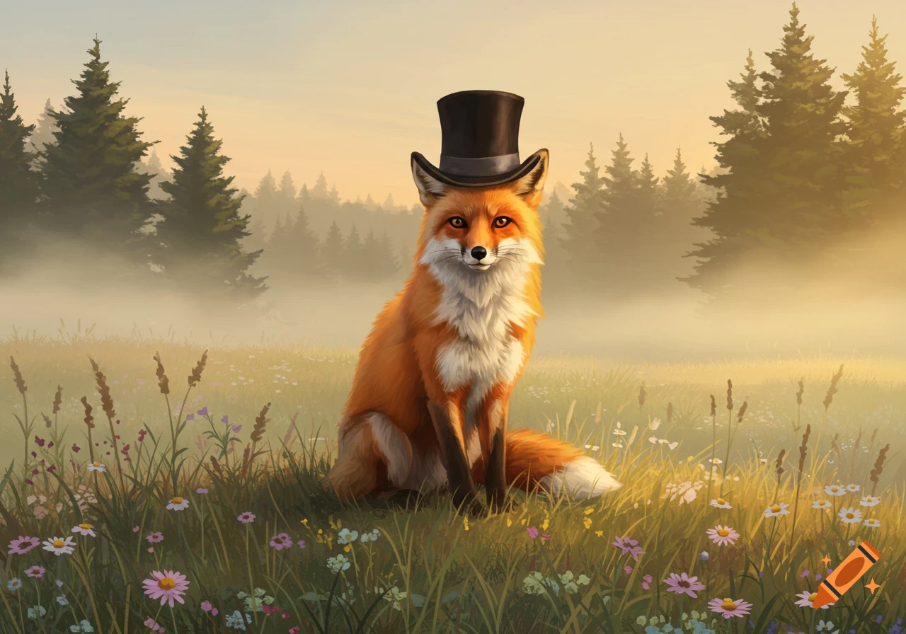 A red fox wearing a black top hat sits in a foggy, sunlit field with wildflowers and evergreen trees in the background.