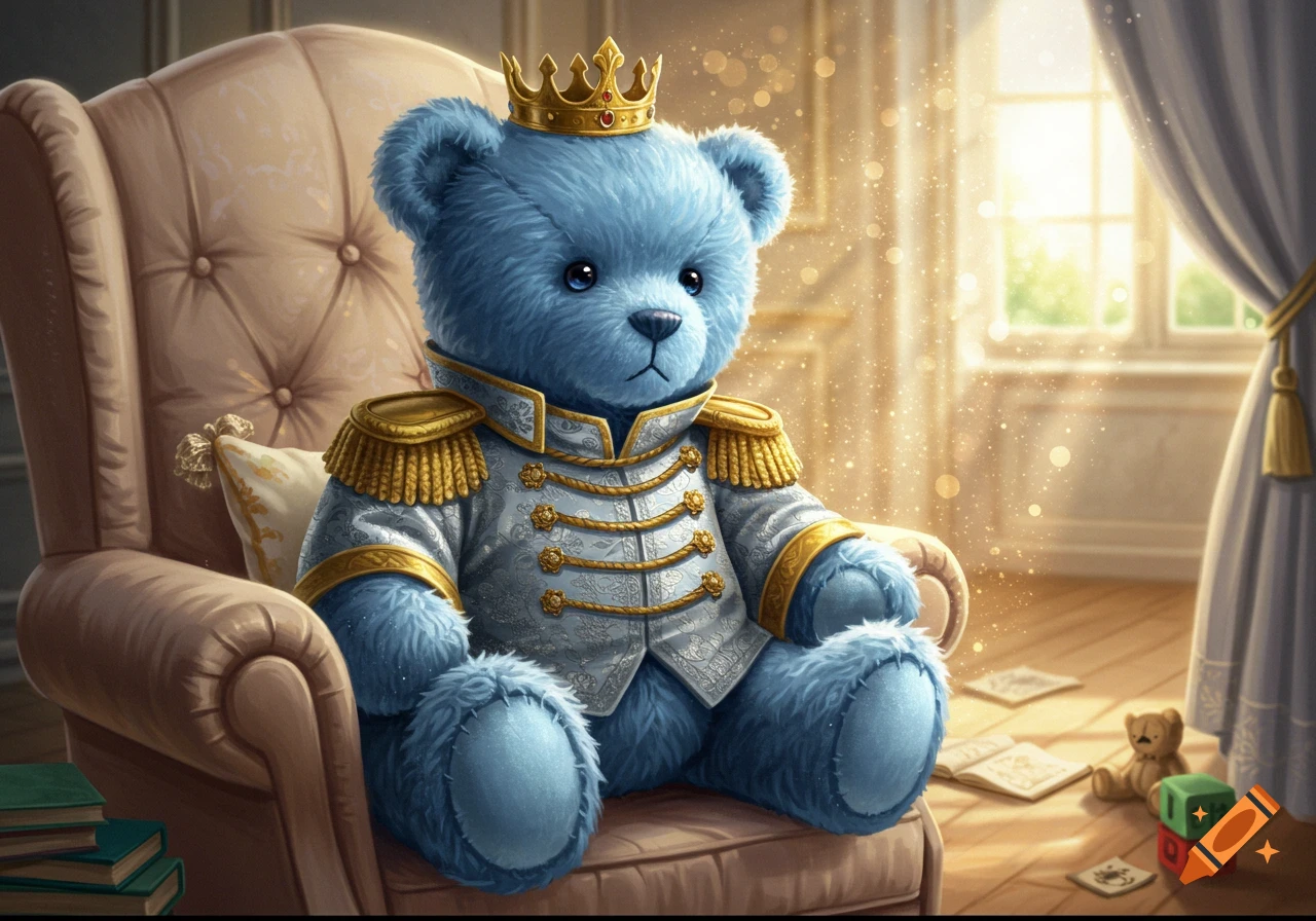 A majestic blue teddy bear wearing a white and gold prince tunic and a golden crown, sitting on a plush chair in a sunlit room.