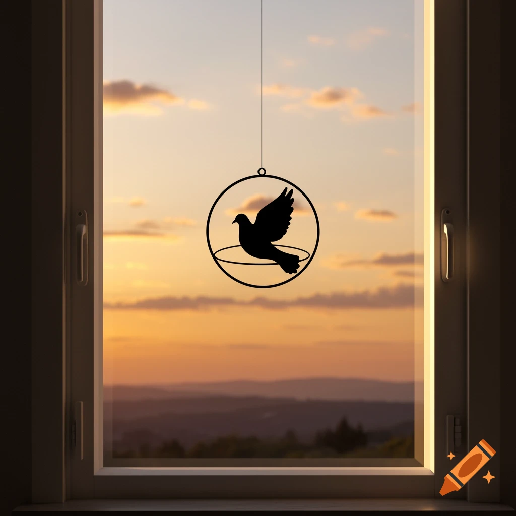 A black silhouette of a dove in a ring hangs in a brightly lit window overlooking a sunset landscape.
