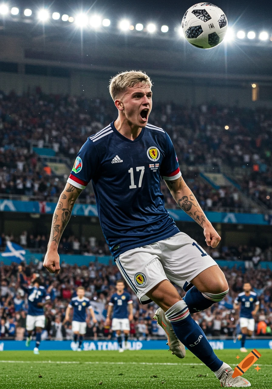 A young male soccer player in a blue Scottish jersey with number 17, celebrates on a stadium field, ball in air, photorealistic.