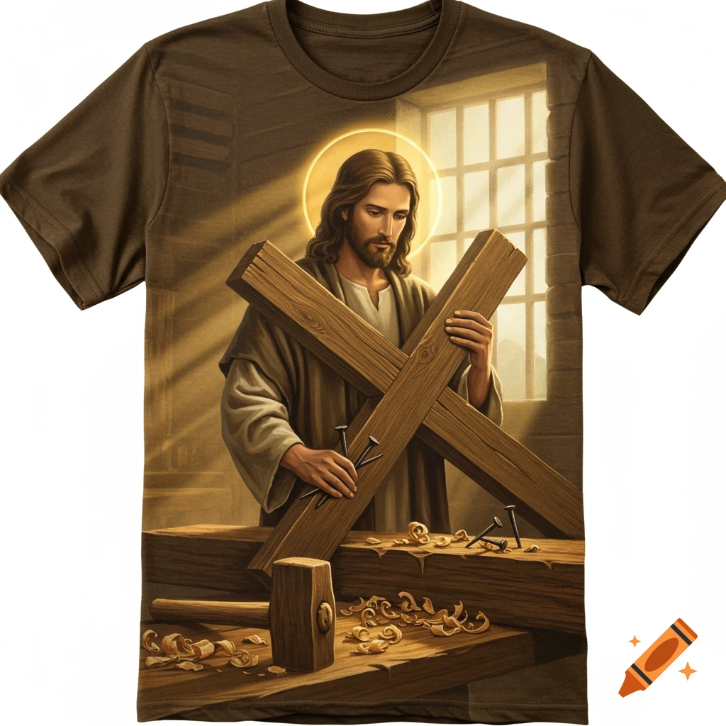 A depiction of Jesus, with a halo, as a carpenter holding wooden beams for a cross in a sunlit workshop.