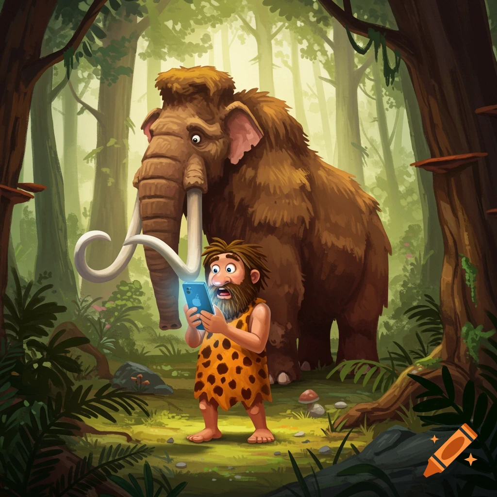 A surprised cartoon caveman holds a glowing smartphone in a jungle with a woolly mammoth behind him.
