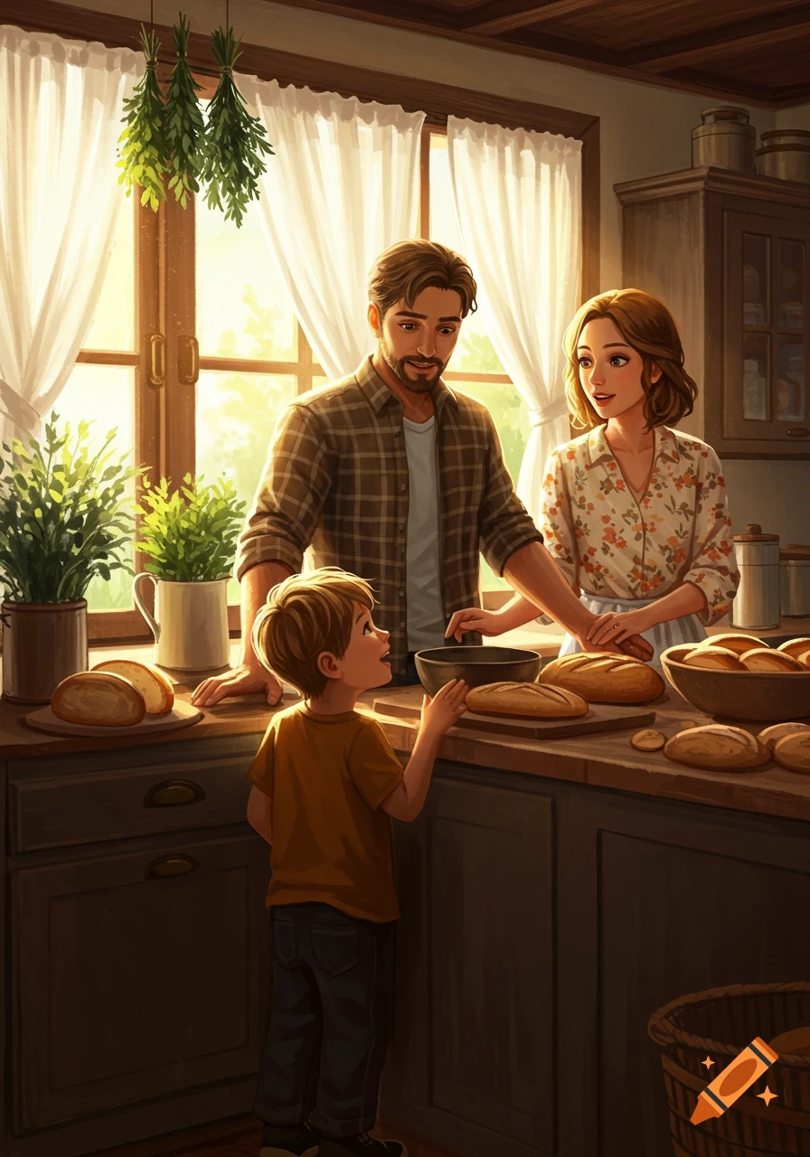 A heartwarming illustration of a family in a sunlit kitchen, with a young boy looking up at his father while his parents are baking bread.
