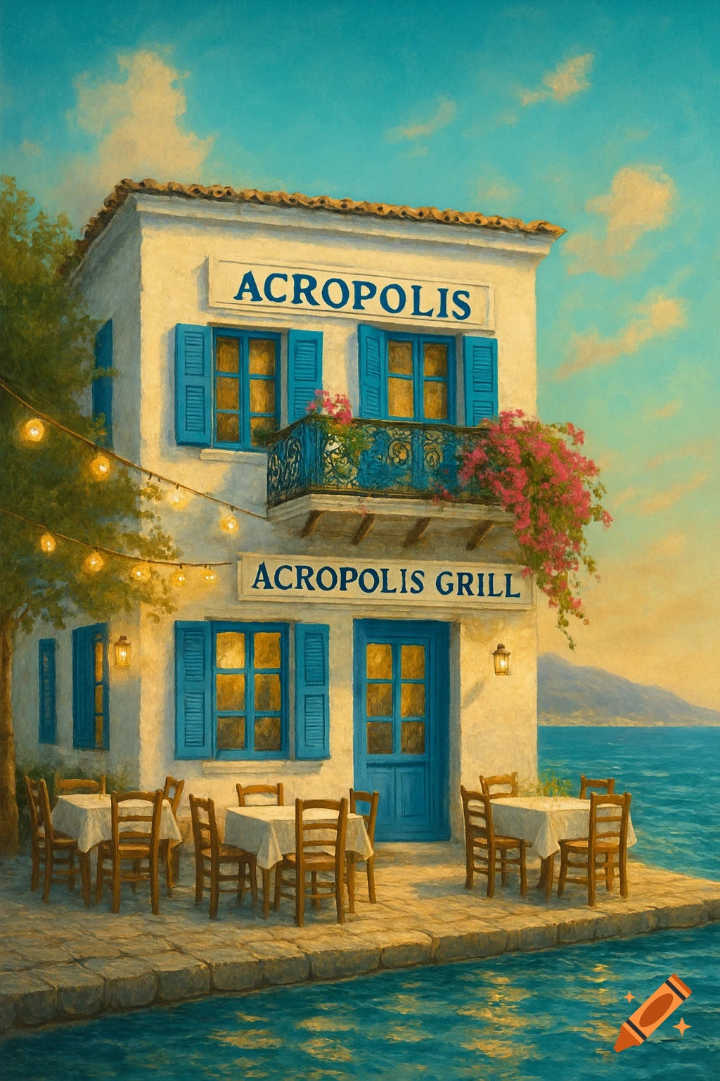 Painting of a white and blue Greek restaurant, Acropolis Grill, with outdoor tables by the sea at sunset.