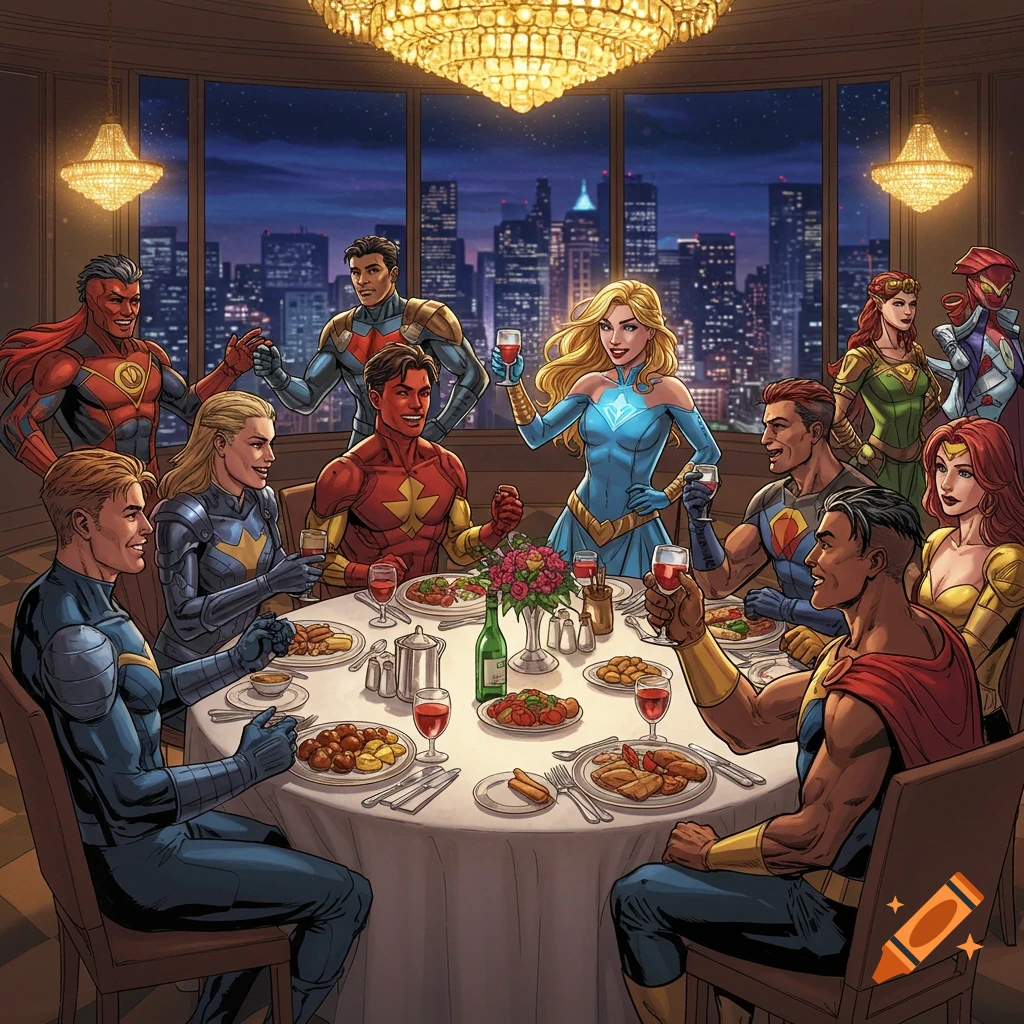 Comic book illustration of diverse superheroes in their costumes having dinner at an elegant table with a city skyline view at night.