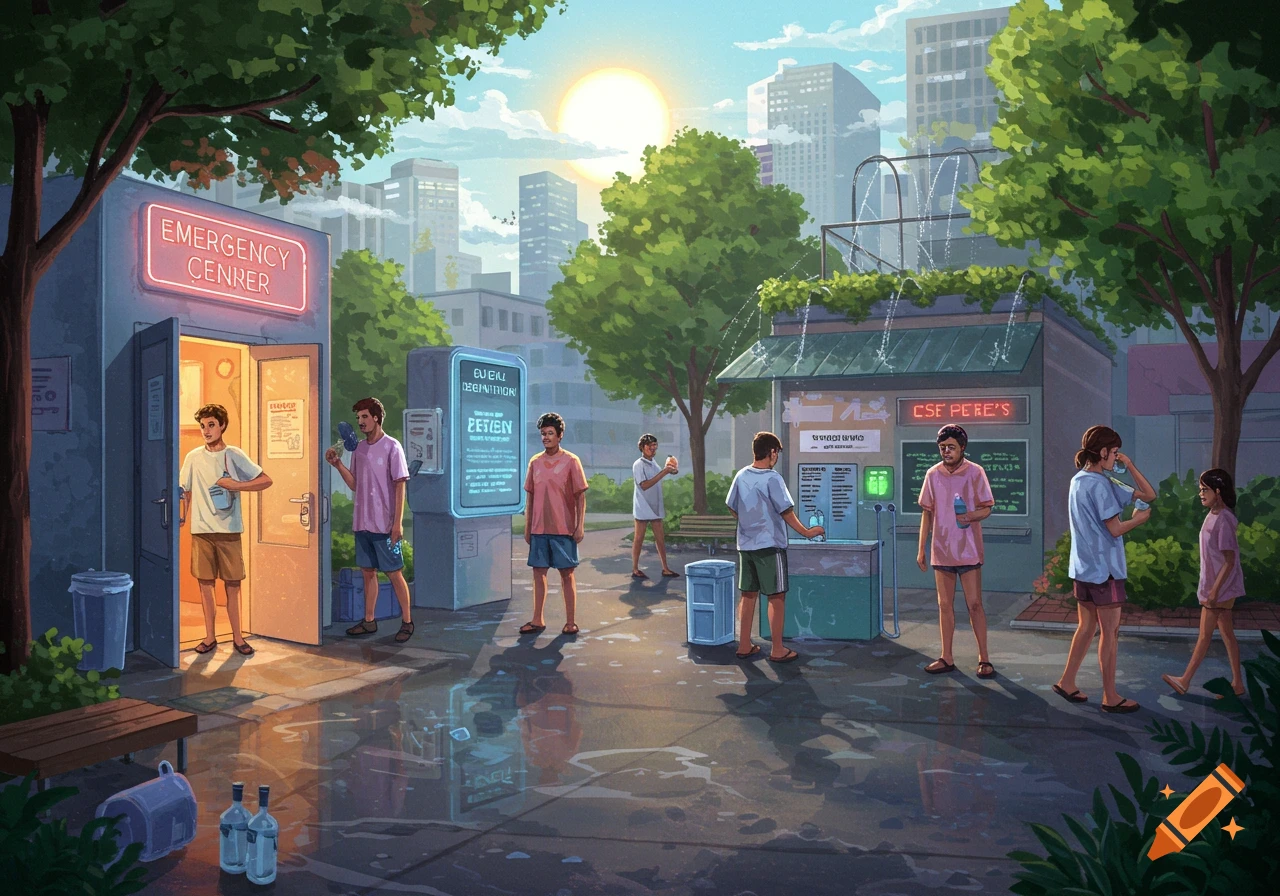 An illustration of people gathering water and seeking shelter at an emergency center in a sunny city park during a heatwave.