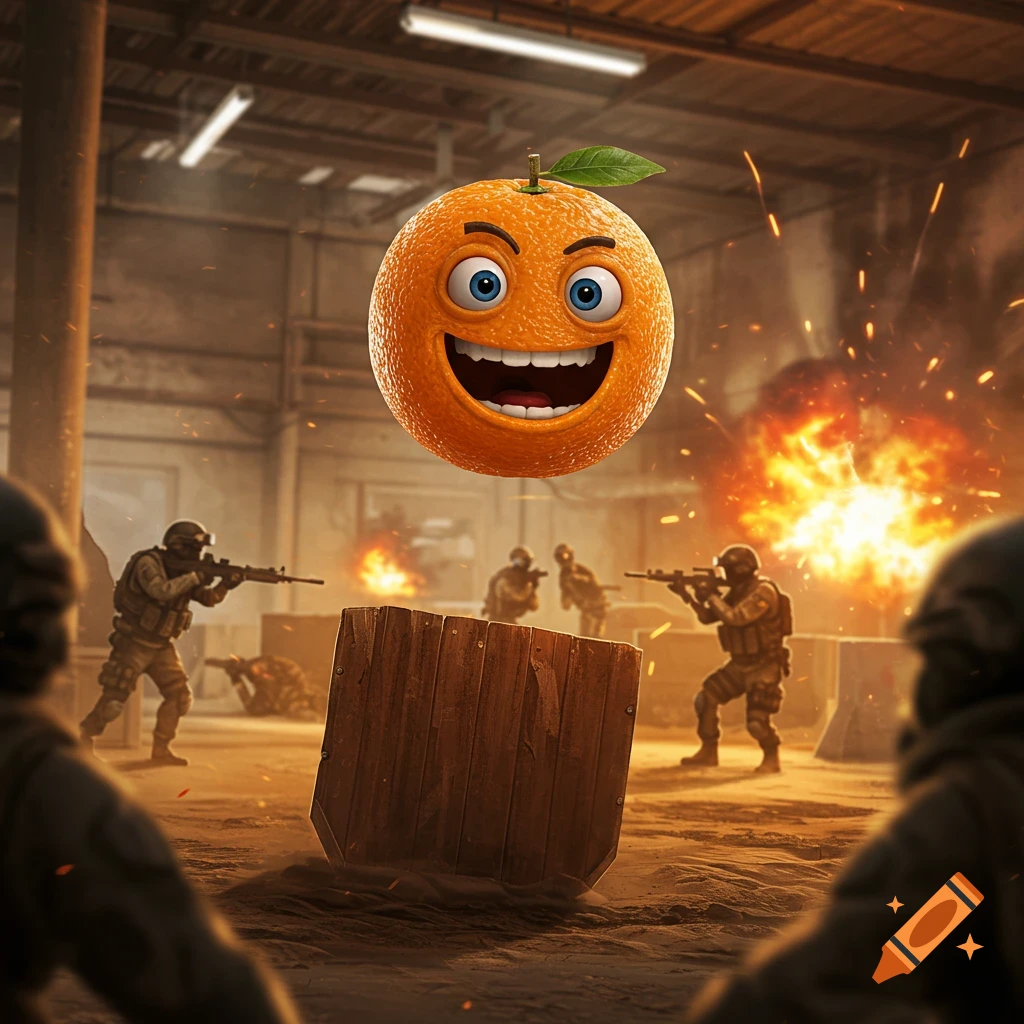 A giant, cheerful cartoon orange floats over a battle scene with soldiers, explosions, and debris in a gritty warehouse, resembling a video game.