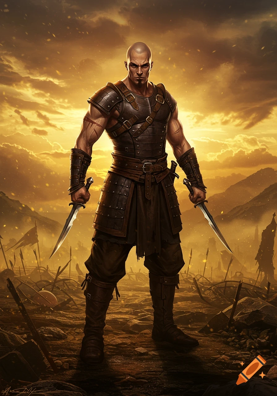 A bald warrior in leather armor stands with two daggers on a battlefield under a dramatic golden sky.