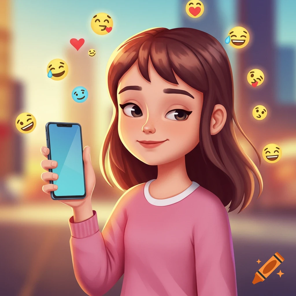 A cartoon girl in a pink sweater holds a smartphone, surrounded by floating emojis. Her expression is pleasant.