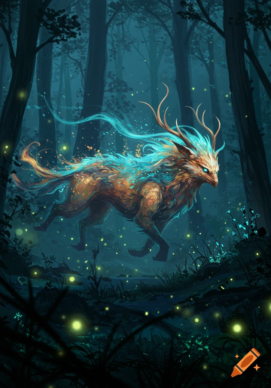 A majestic fantasy creature with glowing blue and gold fur and antlers runs through a dark, mystical forest illuminated by fireflies.