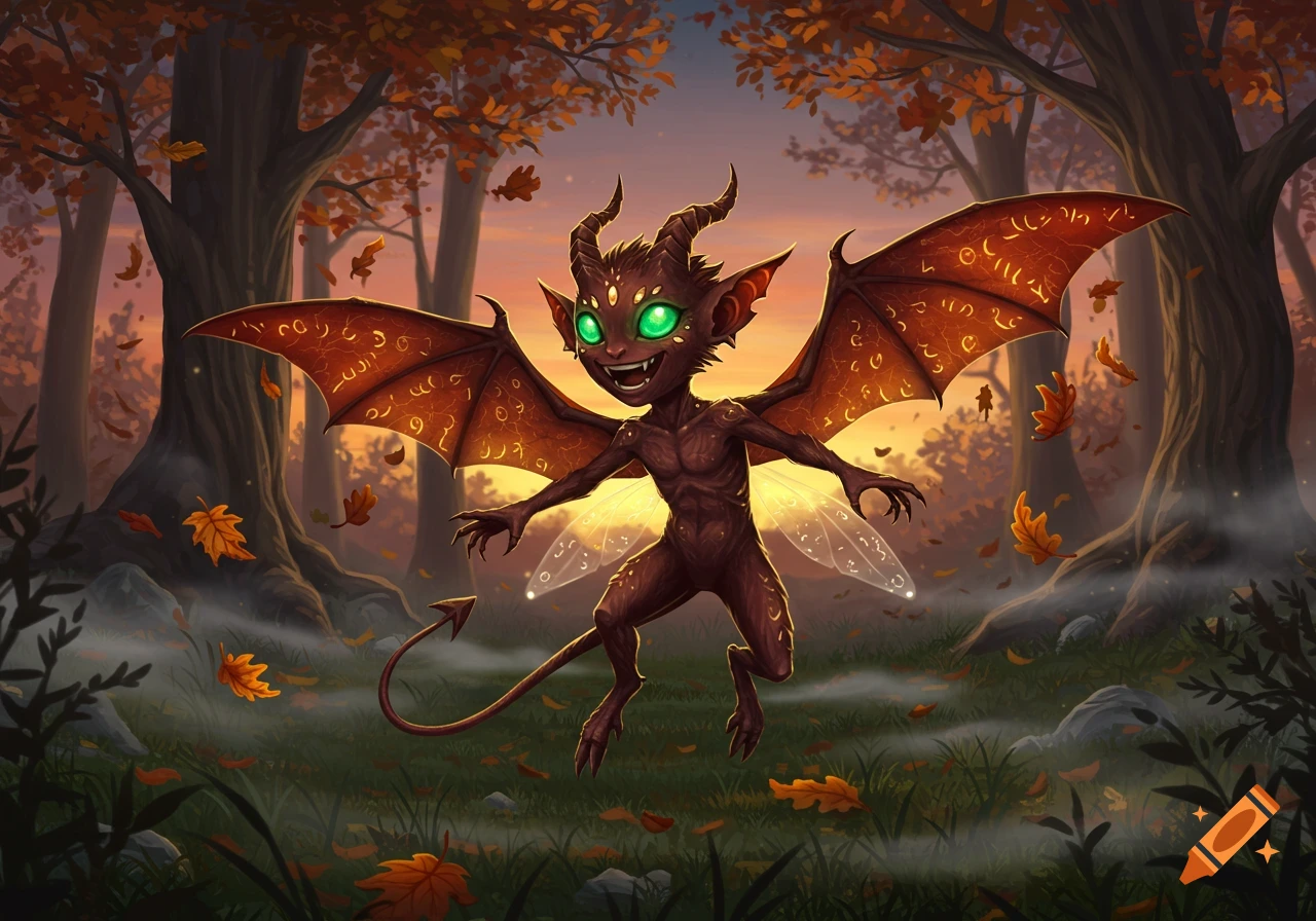 A small, horned imp with glowing green eyes and large wings floats in an autumn forest with falling leaves, depicted in a whimsical fantasy illustration.