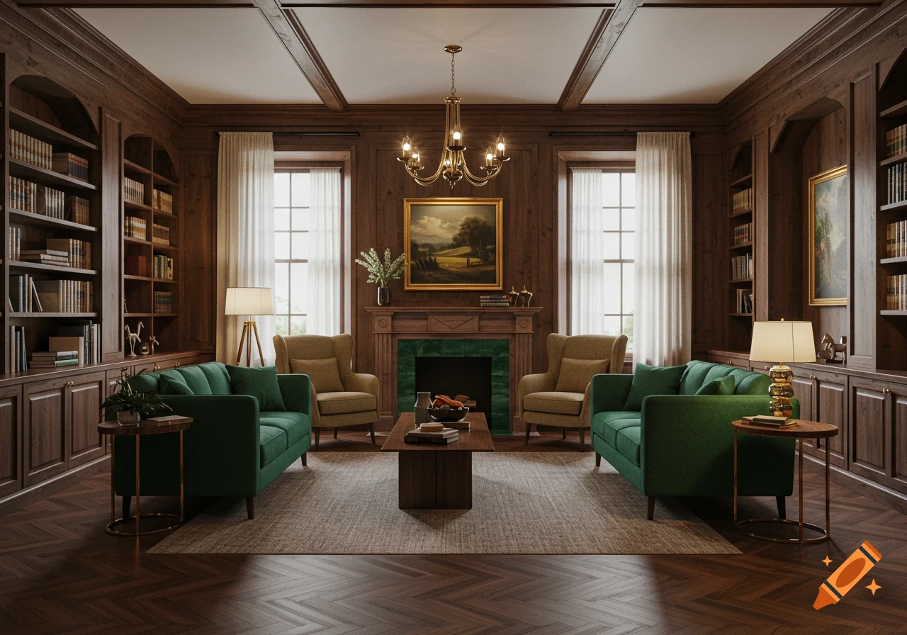 A luxurious, warm library room with dark wood paneling, built-in bookshelves, a fireplace, two emerald green sofas, and two armchairs.