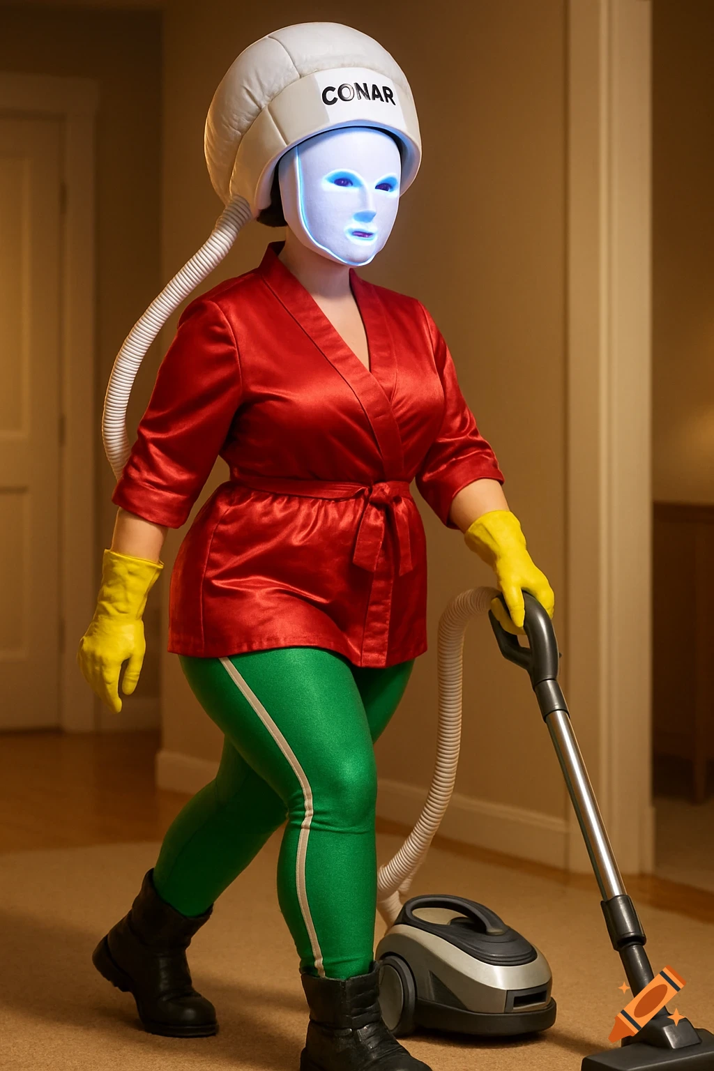 A woman in a red satin robe, green yoga pants, yellow gloves, and black boots wears a glowing white mask and a helmet with 'CONAR', vacuuming. Photorealistic.