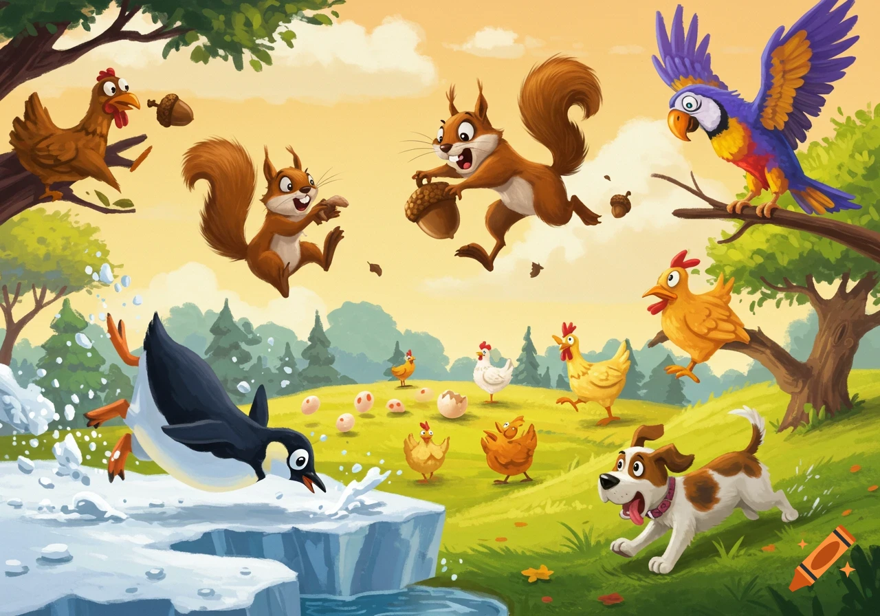 Vibrant cartoon illustration of a humorous animal scene with squirrels, chickens, a penguin slipping, a dog, and a parrot.