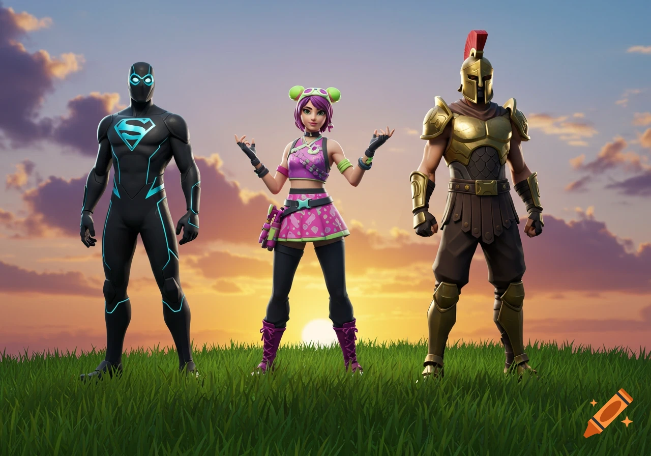 Three stylized video game characters stand on green grass at sunset: a black superhero with a blue 'S' symbol, a female in pink and green, and a gold Spartan warrior.