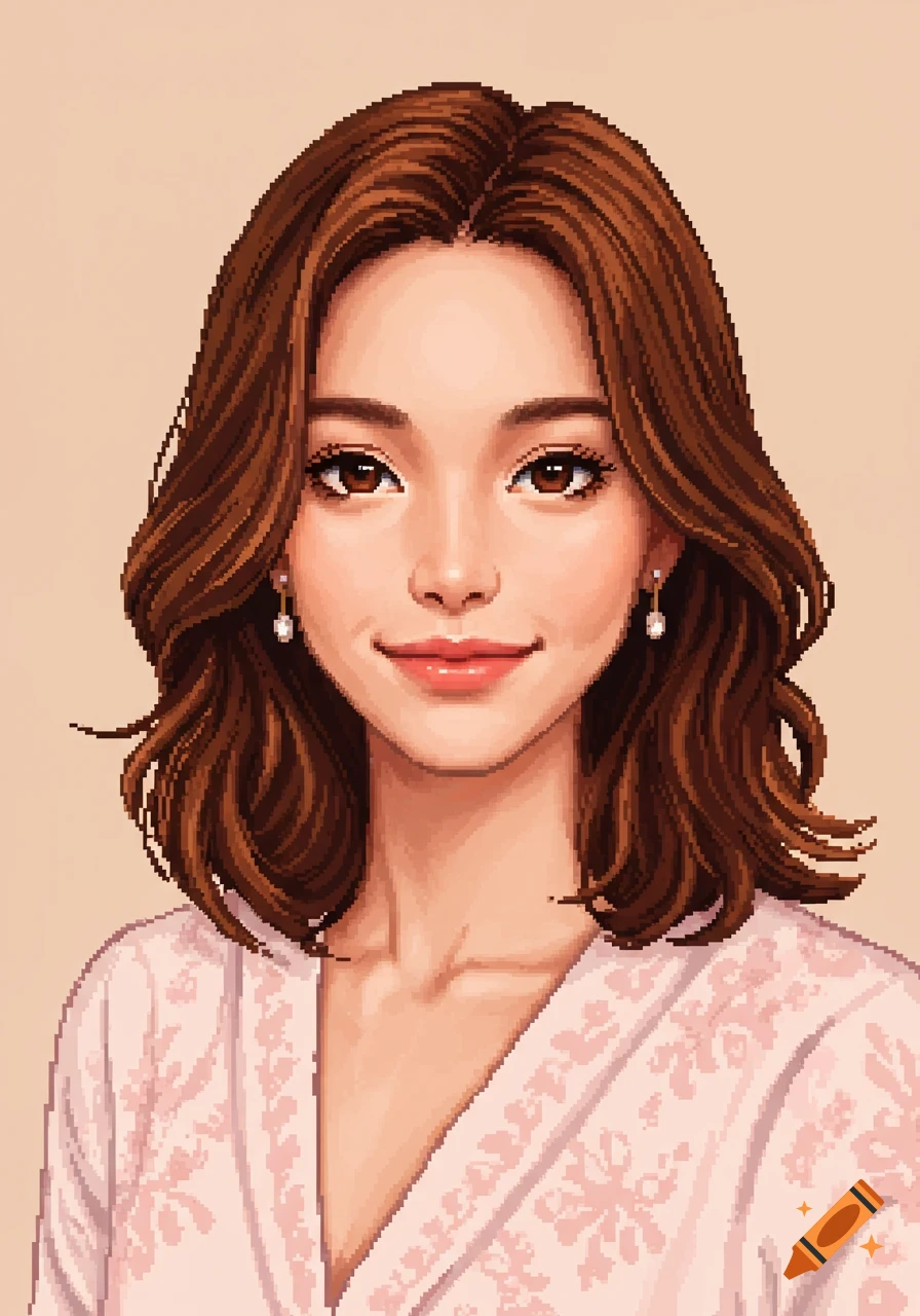 A detailed pixel art portrait of a smiling woman with brown hair and pearl earrings, wearing a pink patterned top.