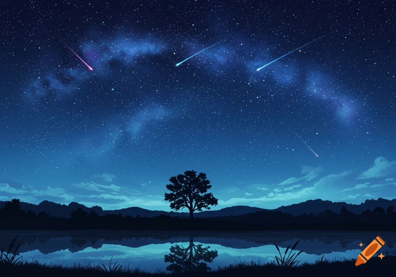 A starry night sky with blue nebula and shooting stars over a silhouetted landscape, a prominent tree, and a calm, reflective lake.