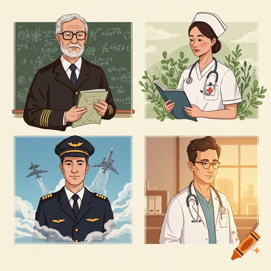 Four illustrated panels depicting a professor with a chalkboard, a nurse reading a book, a pilot with airplanes, and a doctor.