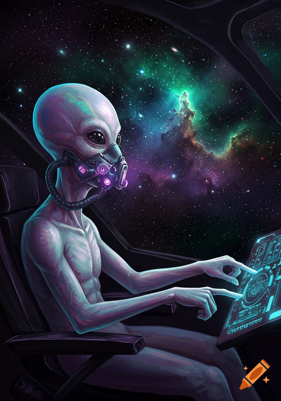 An alien pilot in a breathing mask sits in a spaceship cockpit, touching a glowing control panel, with a vibrant nebula and stars visible through the window.