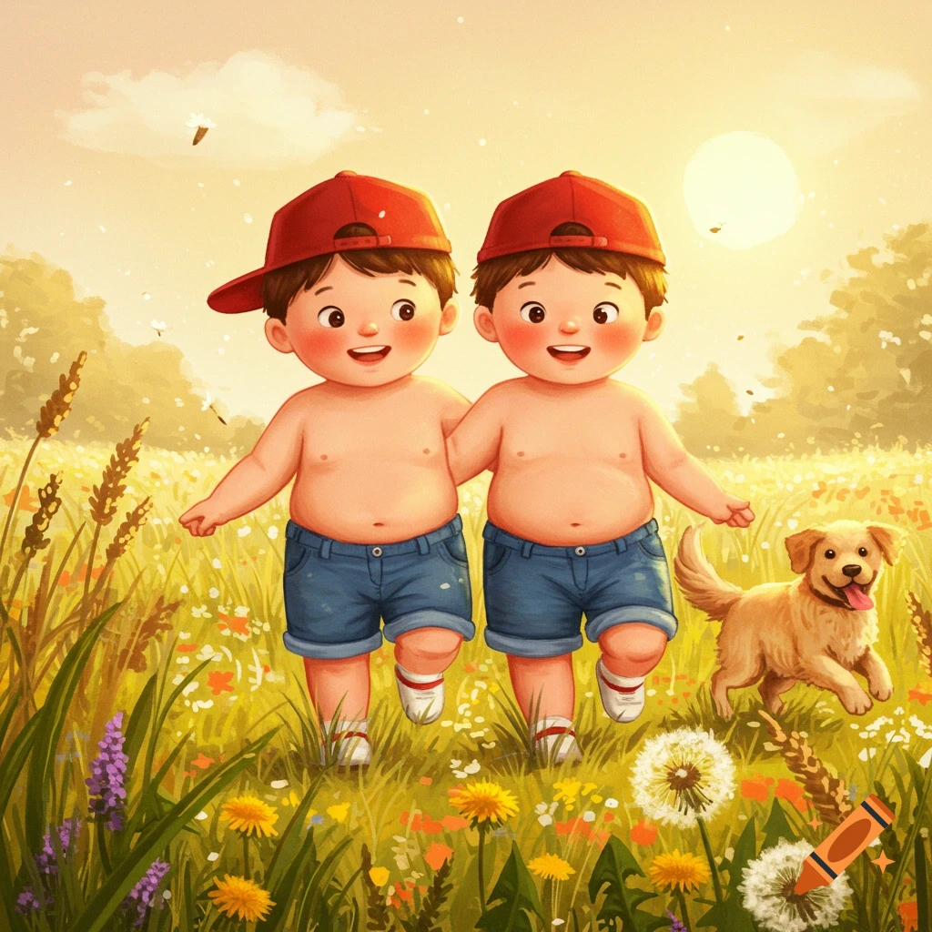 Cheerful cartoon twin boys in red caps and blue shorts walk through a sunlit wildflower field with a golden retriever.