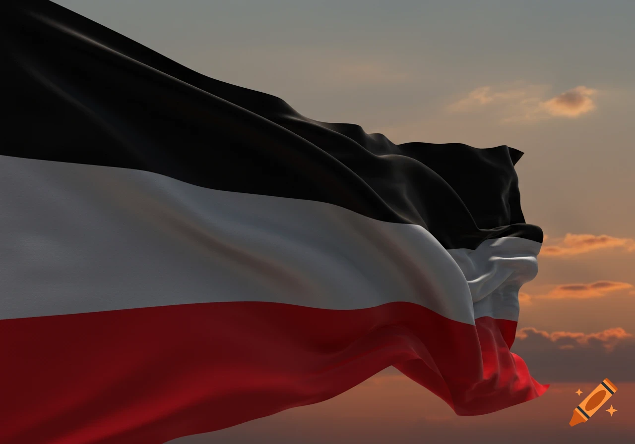 A black, white, and red flag waves against a sunset sky with clouds.