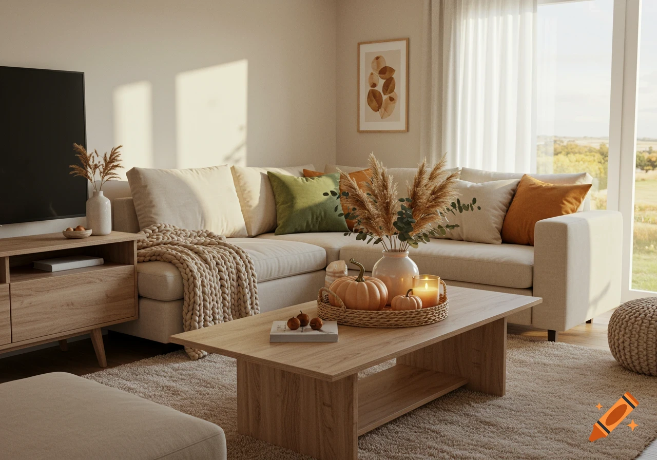 A cozy open-concept living room with a beige L-shaped sofa, wooden coffee table with fall decor, and a wall-mounted TV.