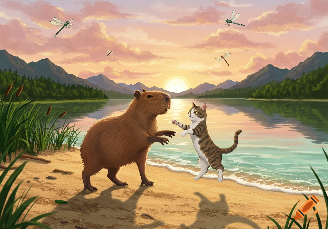 A capybara and a cat dance on a sandy lake shore at sunset, with mountains and dragonflies, in an illustrated style.