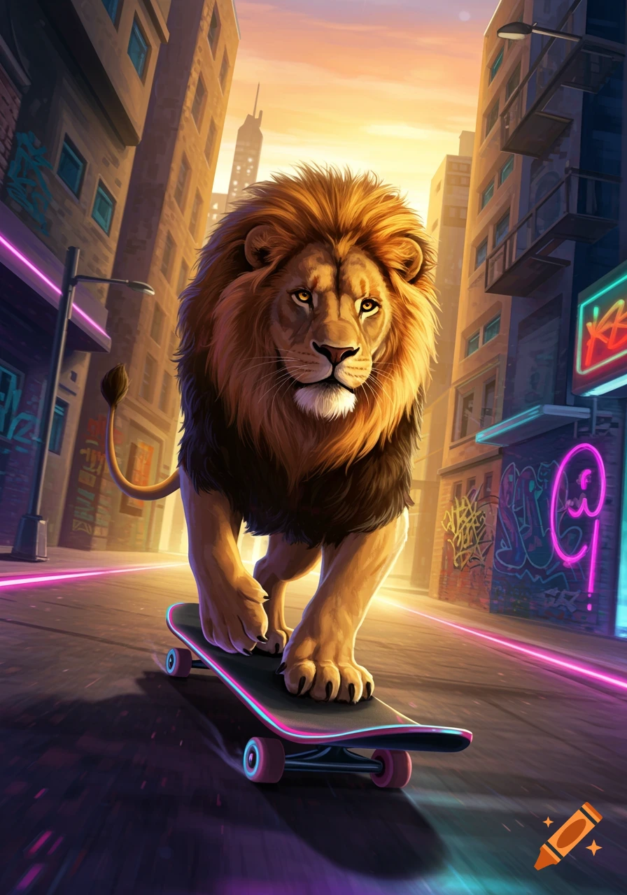 A majestic lion on a skateboard rides down a vibrant city street with neon lights and graffiti at sunset, in a digital art style.