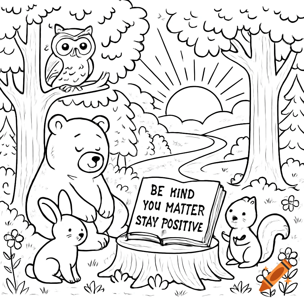 Black and white line art of forest animals and a book with affirmations BE KIND YOU MATTER STAY POSITIVE.