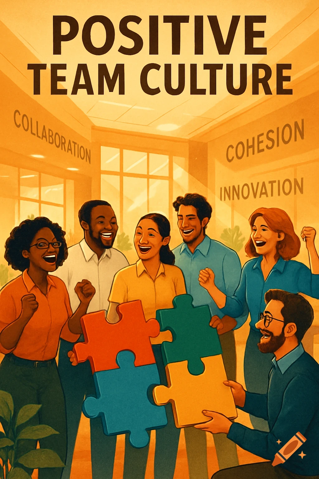 An illustration of diverse people happily assembling large puzzle pieces under the text 'POSITIVE TEAM CULTURE', 'COLLABORATION', 'COHESION', 'INNOVATION'.